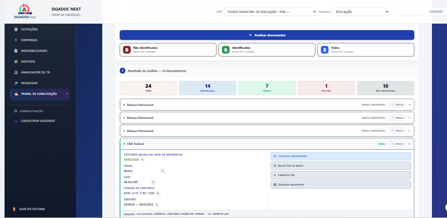 Painel de habilitação