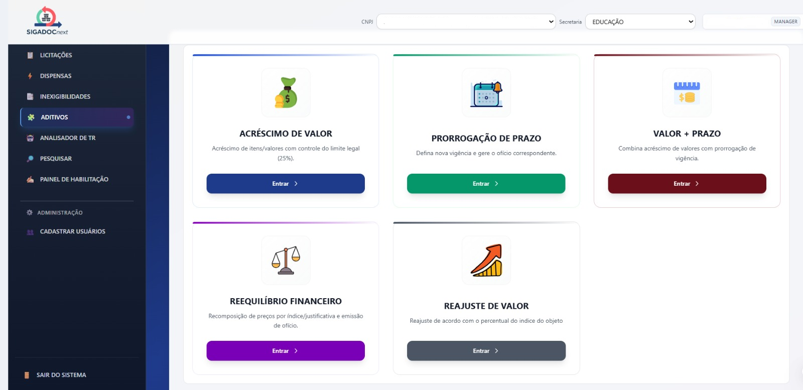 Tela de aditivos do SIGADOC NEXT